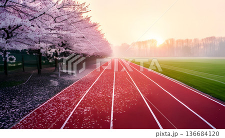 夕日に照らされた満開の桜と無人のコース上 136684120