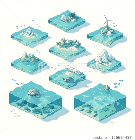 アイソメトリック風 海洋エコシステムと港湾・再生可能エネルギーの3Dイラストセット 136684457