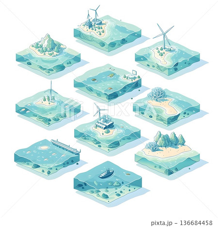 アイソメトリック風 海洋エコシステムと港湾・再生可能エネルギーの3Dイラストセット 136684458