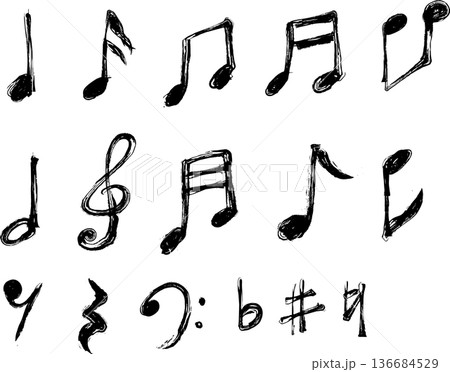 手書きの音符墨絵風のアイコンイラスト素材セット 136684529