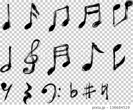 手書きの音符墨絵風のアイコンイラスト素材セット 136684529