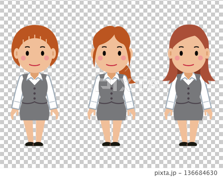 A young woman in a gray office uniform with her hands down and a straight face. Part 2 136684630