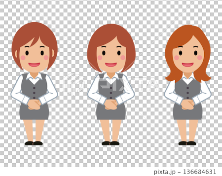 両手を前で重ね、笑顔のグレー事務服の若い女性 両手を前で重ね、笑顔のグレー事務服の若い女性 136684631