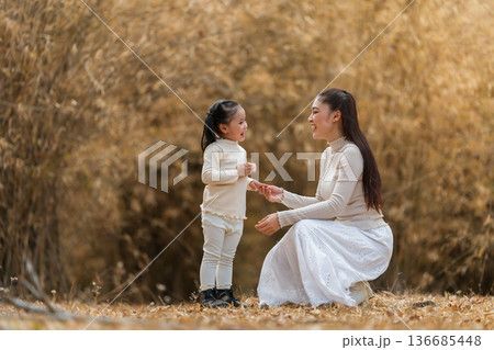 Mother teaching child girl how to use pink toy camera in the park or dry bamboo forest Mother teaching child girl how to use pink toy camera in the park or dry bamboo forest 136685448