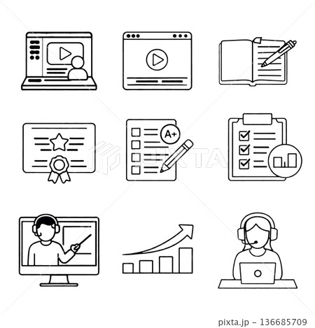 Online learning icon set including laptop video notebook certificate checklist teacher graph and customer support representing digital education and e learning concepts 136685709