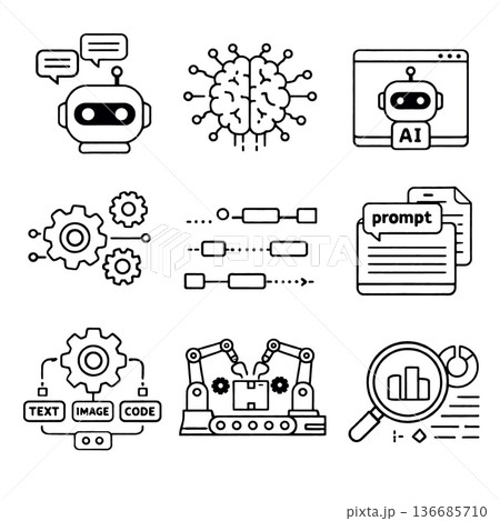 Artificial intelligence robot brain automation prompt gear code data and analysis icons illustrate technology machine learning and innovation concepts in modern line art style 136685710