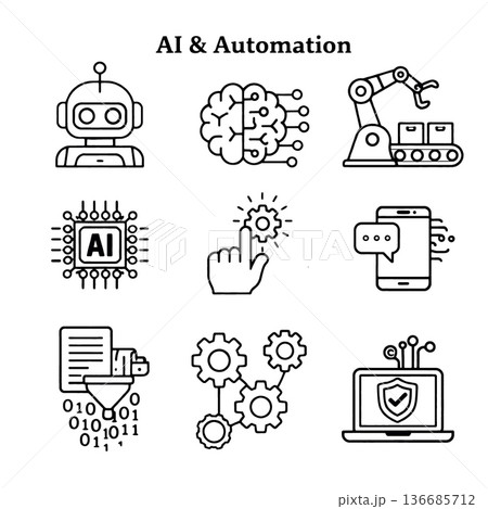 AI automation robot brain robotic arm microchip gear smartphone speech bubble binary code and secure laptop icons represent technology innovation and digital transformation AI automation robot brain robotic arm microchip gear smartphone speech bubble binary code and secure laptop icons represent technology innovation and digital transformation 136685712