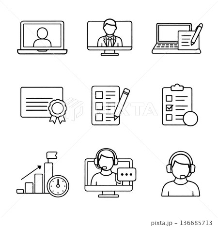 Online learning icon set including video call virtual meeting laptop certificate checklist clipboard progress chart customer support and headset ideal for education and remote work concepts Online learning icon set including video call virtual meeting laptop certificate checklist clipboard progress chart customer support and headset ideal for education and remote work concepts 136685713
