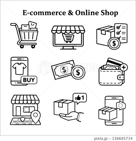 E commerce online shop shopping cart storefront checklist mobile shopping payment wallet delivery and package icons represent digital retail and transaction concepts E commerce online shop shopping cart storefront checklist mobile shopping payment wallet delivery and package icons represent digital retail and transaction concepts 136685714