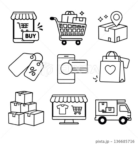 Online shopping shopping cart delivery box location discount tag mobile payment shopping bag shipping box e commerce delivery truck icons in black and white line style Online shopping shopping cart delivery box location discount tag mobile payment shopping bag shipping box e commerce delivery truck icons in black and white line style 136685716