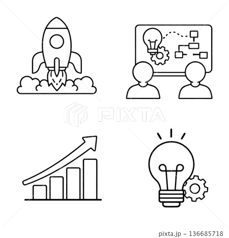 Startup innovation business growth teamwork and creative idea are represented by rocket launch light bulb chart and planning icons conveying motivation and success 136685718