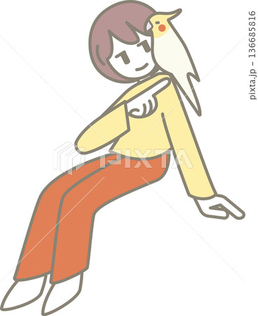 肩にオカメインコがとまる人物　愛鳥家イラスト　背景なし 136685816