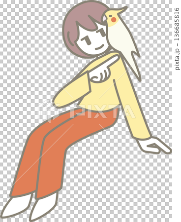 肩にオカメインコがとまる人物　愛鳥家イラスト　背景なし 136685816