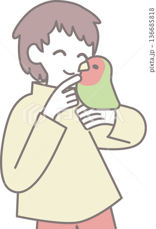 コザクラインコに顔を寄せる人物 愛鳥家イラスト 背景なし コザクラインコに顔を寄せる人物 愛鳥家イラスト 背景なし 136685818