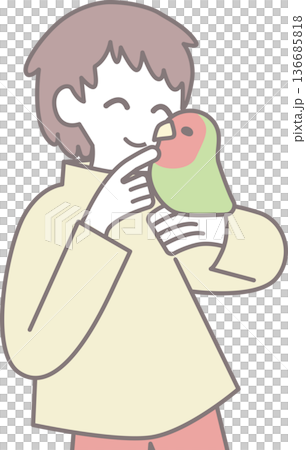 コザクラインコに顔を寄せる人物 愛鳥家イラスト 背景なし コザクラインコに顔を寄せる人物 愛鳥家イラスト 背景なし 136685818