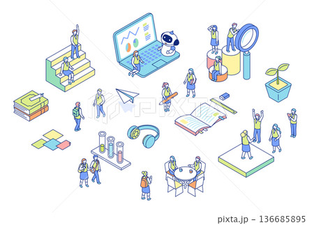 学校生活のアイソメトリックイラスト。制服を着た生徒が学校で学んでいるイメージのイラスト。 学校生活のアイソメトリックイラスト。制服を着た生徒が学校で学んでいるイメージのイラスト。 136685895