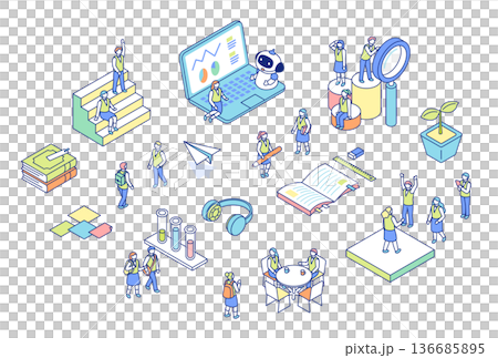 学校生活のアイソメトリックイラスト。制服を着た生徒が学校で学んでいるイメージのイラスト。 学校生活のアイソメトリックイラスト。制服を着た生徒が学校で学んでいるイメージのイラスト。 136685895