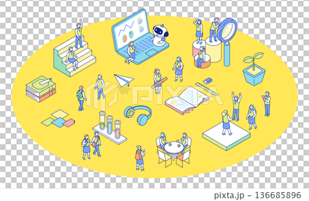学校生活のアイソメトリックイラスト。制服を着た生徒が学校で学んでいるイメージのイラスト。 136685896