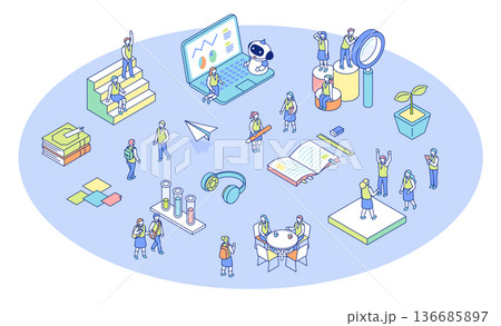 学校生活のアイソメトリックイラスト。制服を着た生徒が学校で学んでいるイメージのイラスト。 学校生活のアイソメトリックイラスト。制服を着た生徒が学校で学んでいるイメージのイラスト。 136685897