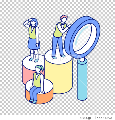 三位身穿制服的學生的等距視圖。有的學生在看放大鏡，有的學生望著遠方，有的學生坐著。 136685898