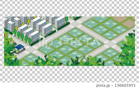 田園風景のイラスト. アイソメ図で描いた都市. 田園風景のイラスト. アイソメ図で描いた都市. 136685955