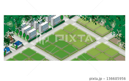 田園風景のイラスト. アイソメ図で描いた都市. 田園風景のイラスト. アイソメ図で描いた都市. 136685956