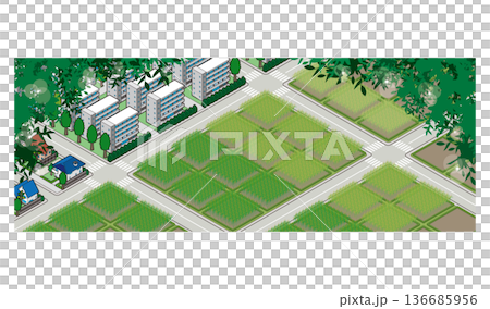 田園風景のイラスト. アイソメ図で描いた都市. 田園風景のイラスト. アイソメ図で描いた都市. 136685956