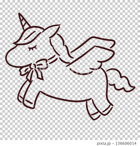 走るかわいい手描きのユニコーン（モノクロ） 136686014