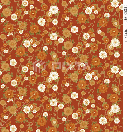 菊唐草模様(シームレス)【赤】 136686030