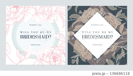 Floral bridesmaid invitation card template design, peony flower illustration, bright and dark theme Floral bridesmaid invitation card template design, peony flower illustration, bright and dark theme 136686118