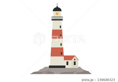 岩場に立つ灯台と小屋 136686323