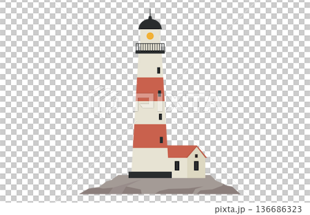 岩場に立つ灯台と小屋 136686323