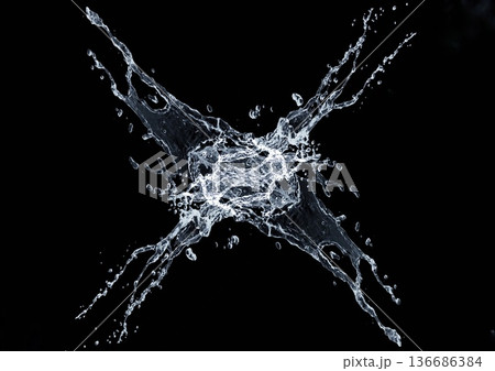 黒背景に飛び散る抽象的な青い水しぶきの3dイラスト 黒背景に飛び散る抽象的な青い水しぶきの3dイラスト 136686384