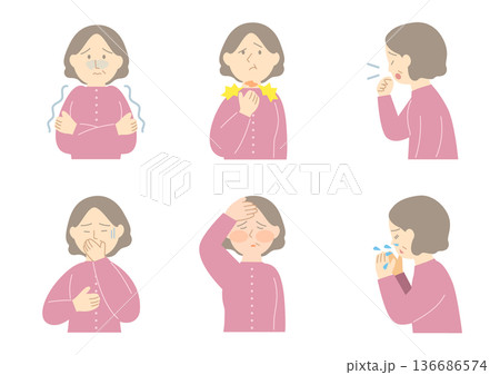 風邪をひいているシニア女性のイラストセット 136686574