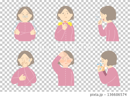 風邪をひいているシニア女性のイラストセット 136686574