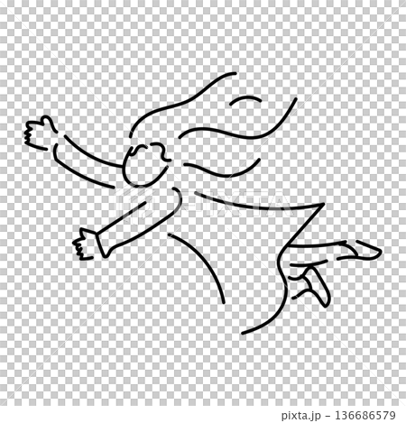 優雅に飛び立つロングヘアの女性の線画イラスト｜自由や幸せをイメージしたイラスト 136686579