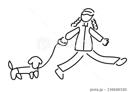 犬の散歩をする女性のゆるかわいい線画イラスト 136686580