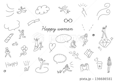 線画の女性と装飾のイラストセット｜ミニマルでスタイリッシュな手描きイラスト 136686581