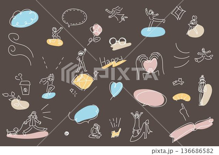 白の線画とくすみカラーのシンプルでかわいい女性と装飾のイラストセット 136686582