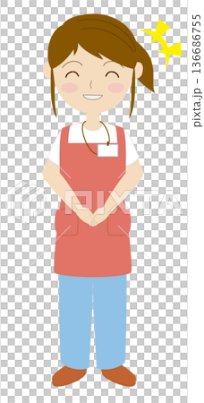 笑顔で挨拶するエプロンをつけた女性 136686755