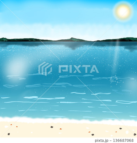 月が反射している砂浜イラスト 136687068