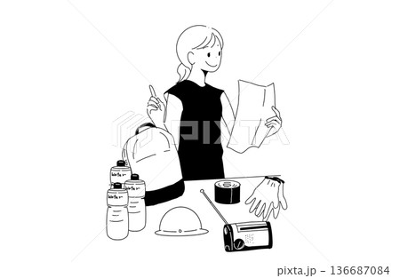防災グッズをリュックに詰める女性のイラスト　備蓄の点検と準備　手書きベクター素材 136687084