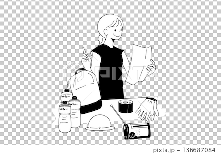 防災グッズをリュックに詰める女性のイラスト　備蓄の点検と準備　手書きベクター素材 136687084