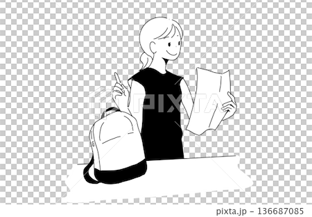 Illustration of a woman packing for a trip and checking a checklist. Travel preparation. Hand-drawn vector material. 136687085