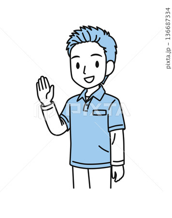片手を上げて挨拶をするポロシャツを着た介護職の男性のイラスト素材 片手を上げて挨拶をするポロシャツを着た介護職の男性のイラスト素材 136687334