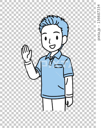 片手を上げて挨拶をするポロシャツを着た介護職の男性のイラスト素材 片手を上げて挨拶をするポロシャツを着た介護職の男性のイラスト素材 136687334