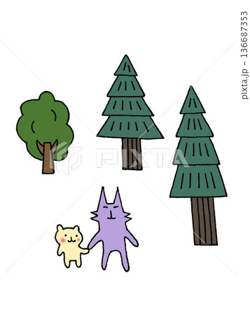杉林、森を手をつないで散歩する動物のイラスト 136687353