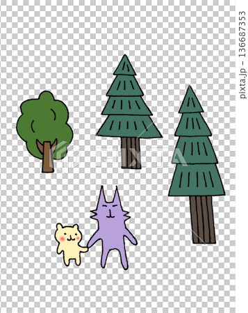 杉林、森を手をつないで散歩する動物のイラスト 136687353
