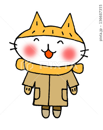 正面を向いている防寒着の白猫のイラスト 正面を向いている防寒着の白猫のイラスト 136687355