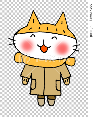 正面を向いている防寒着の白猫のイラスト 正面を向いている防寒着の白猫のイラスト 136687355